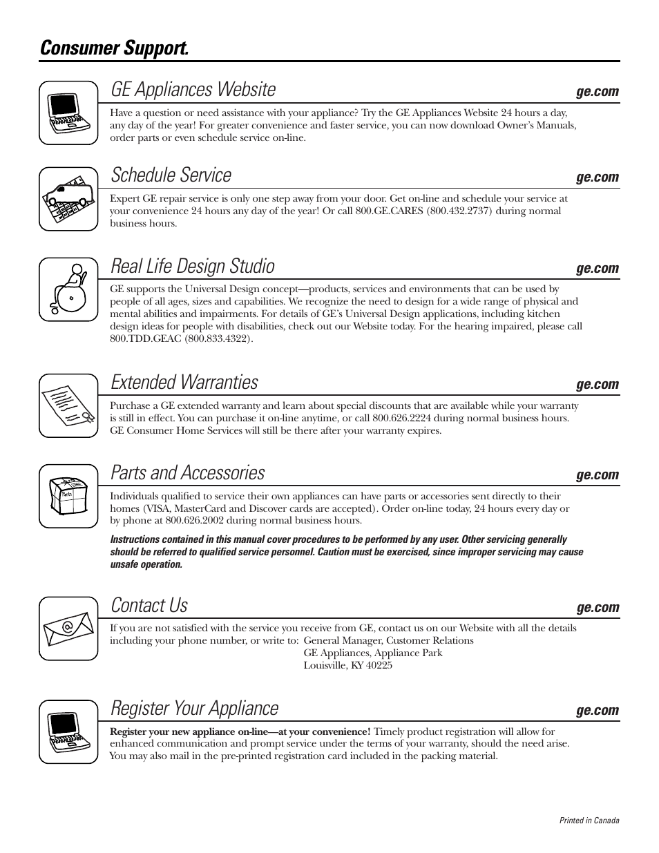 Ge appliances website, Schedule service, Real life design studio | Extended warranties, Parts and accessories, Contact us, Register your appliance, Consumer support | GE DMCD330 User Manual | Page 12 / 12