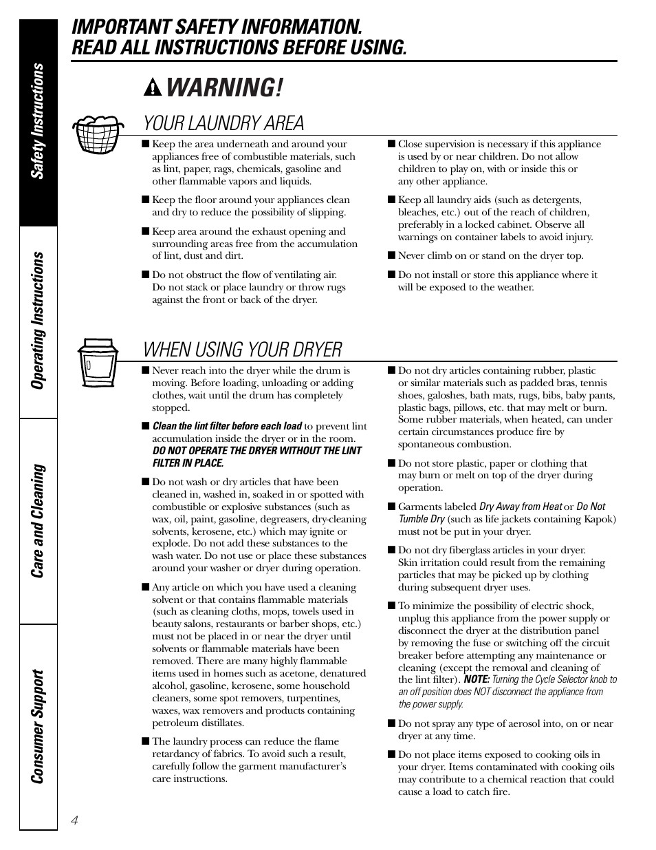 Warning, Your laundry area | GE DMCD330 User Manual | Page 4 / 12