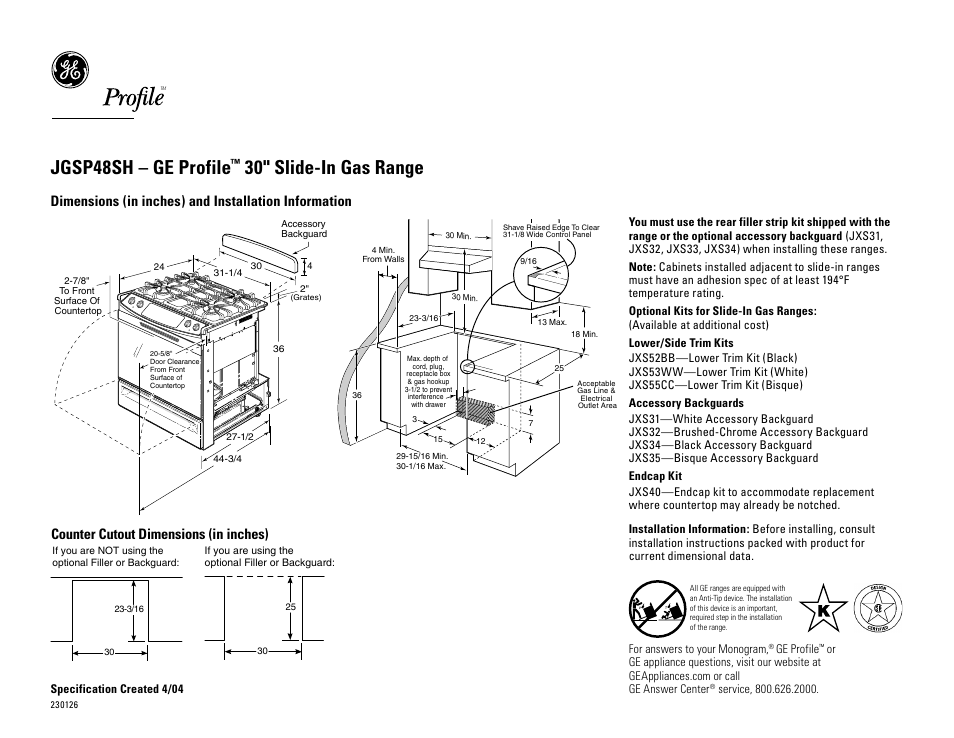 GE PROFILE JGSP48SH User Manual | 2 pages