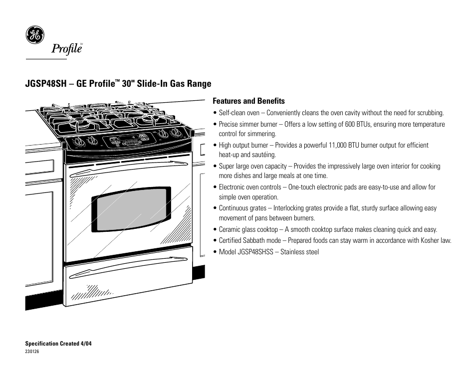 Jgsp48sh, Jgsp48sh – ge profile, 30" slide-in gas range | GE PROFILE JGSP48SH User Manual | Page 2 / 2