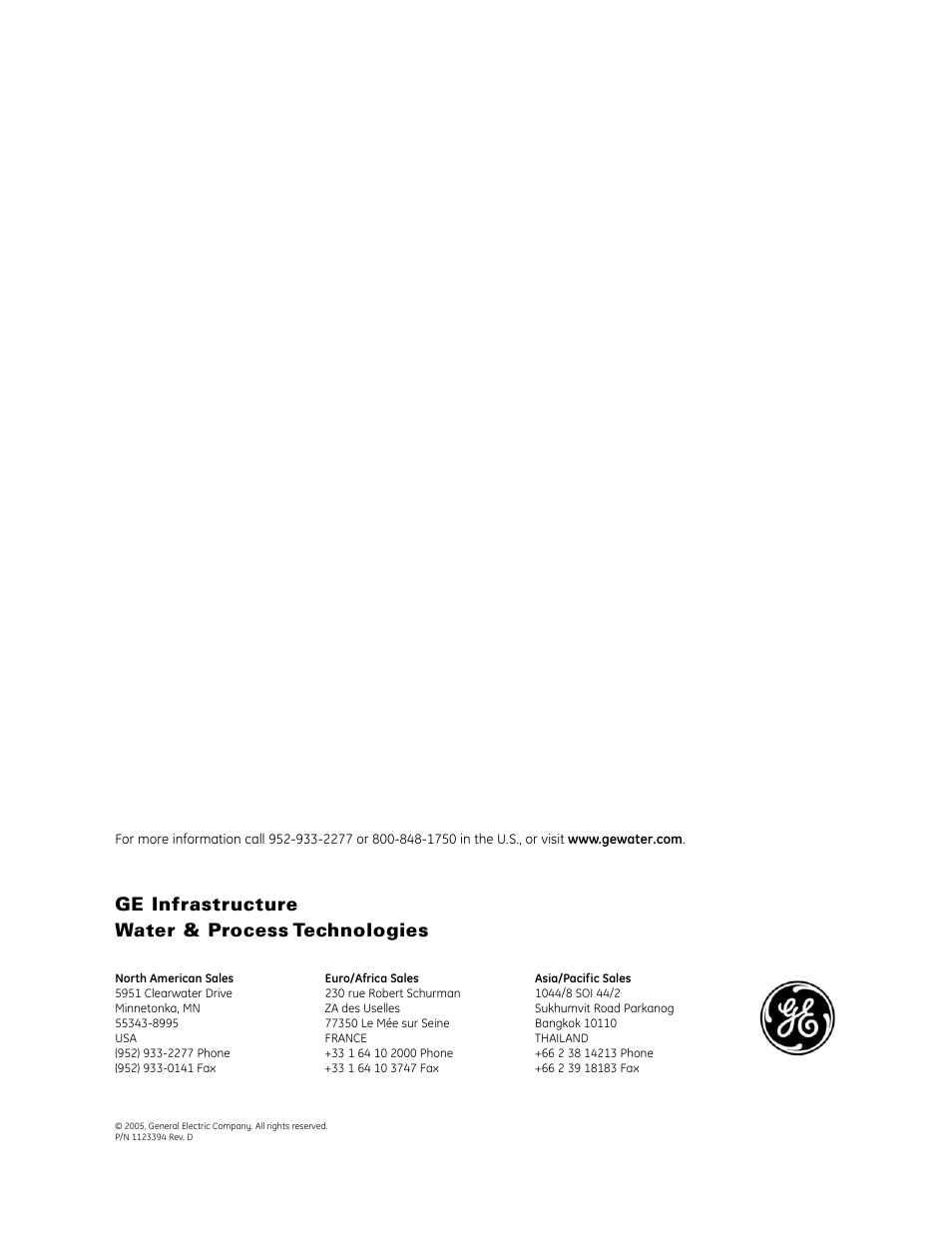 Ge infrastructure water & process technologies | GE QS1800V User Manual | Page 36 / 36