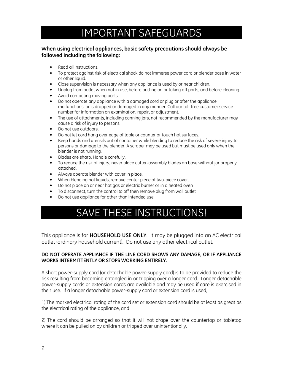 Important safeguards, Save these instructions | GE 169106 User Manual | Page 2 / 8