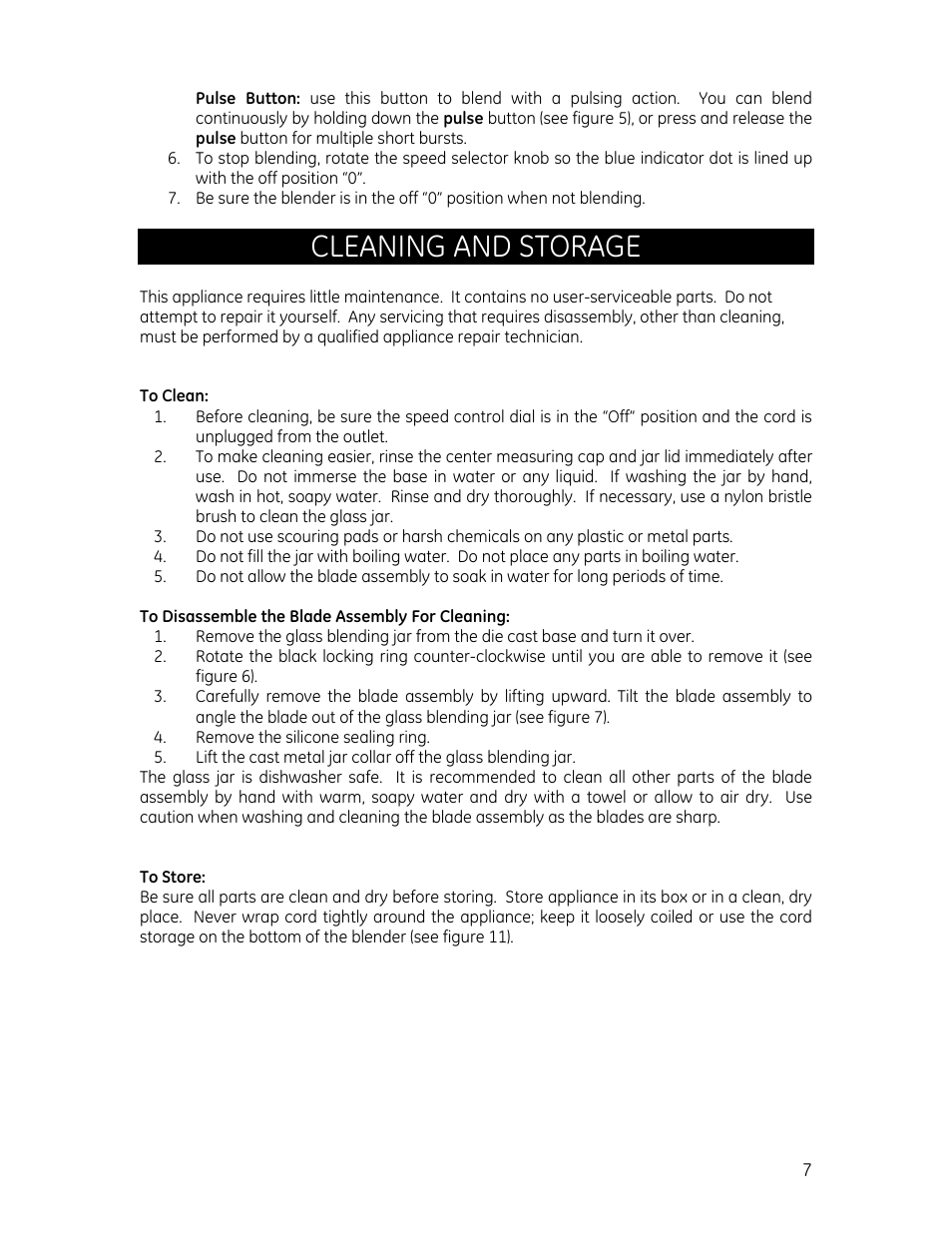 Cleaning and storage | GE 169106 User Manual | Page 7 / 8