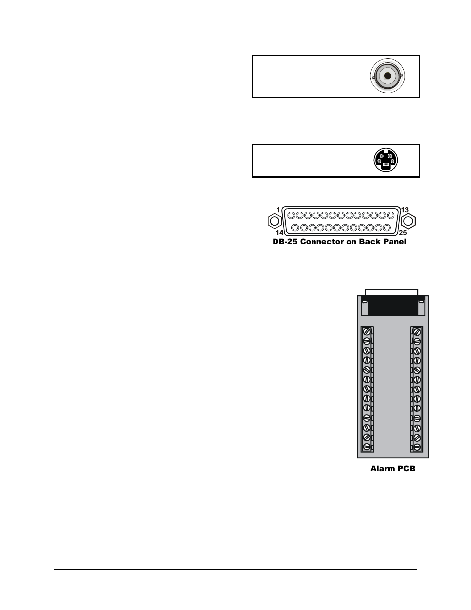 Composite monitor output, Y/c monitor output, Alarm i/o port | Alarm input, Triplex, When connecting directly from the dvmr, Alarm pcb active alarm inputs vary by dvmr | GE TRIPLEX 0150-0193C User Manual | Page 10 / 77
