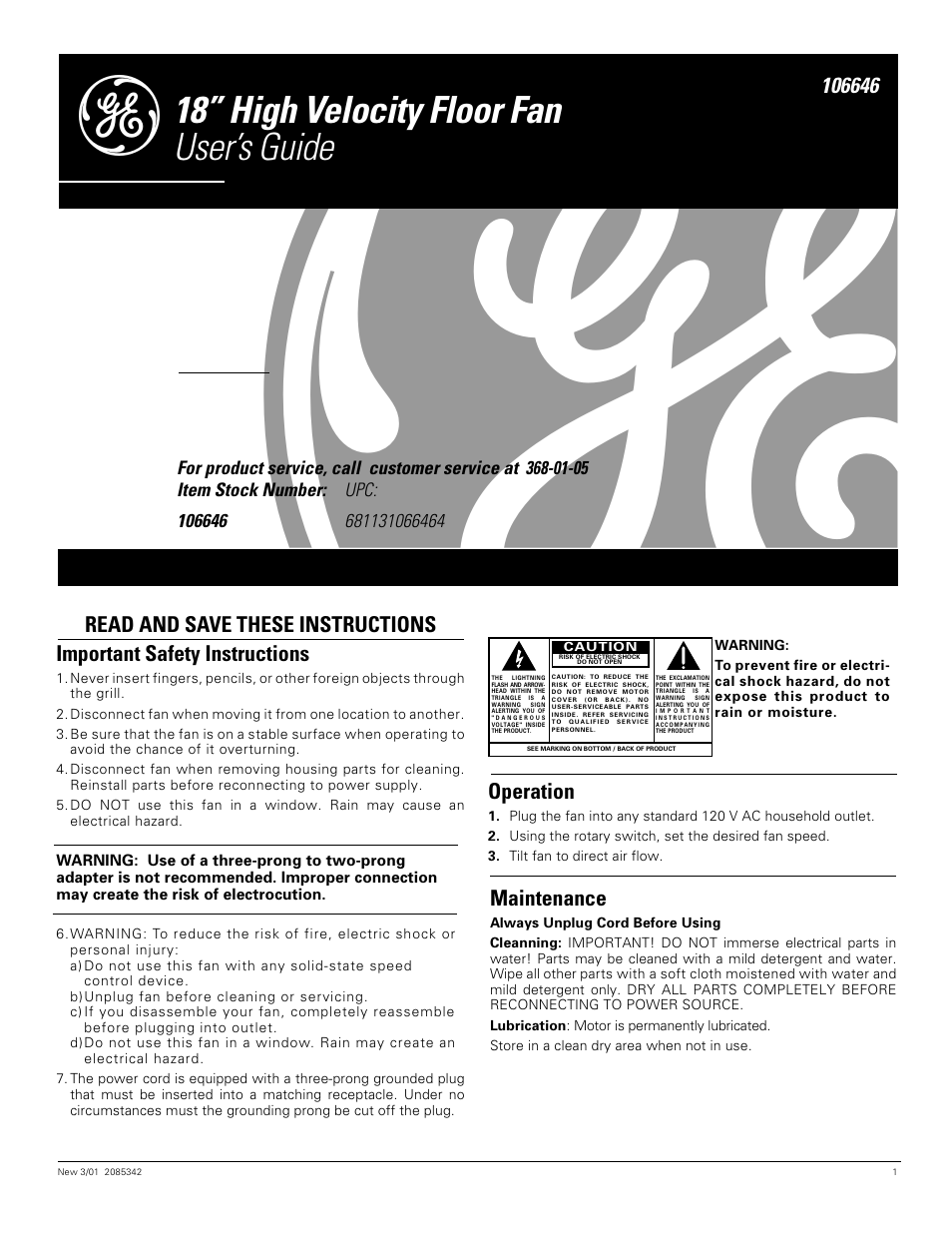 GE 106646 User Manual | 2 pages