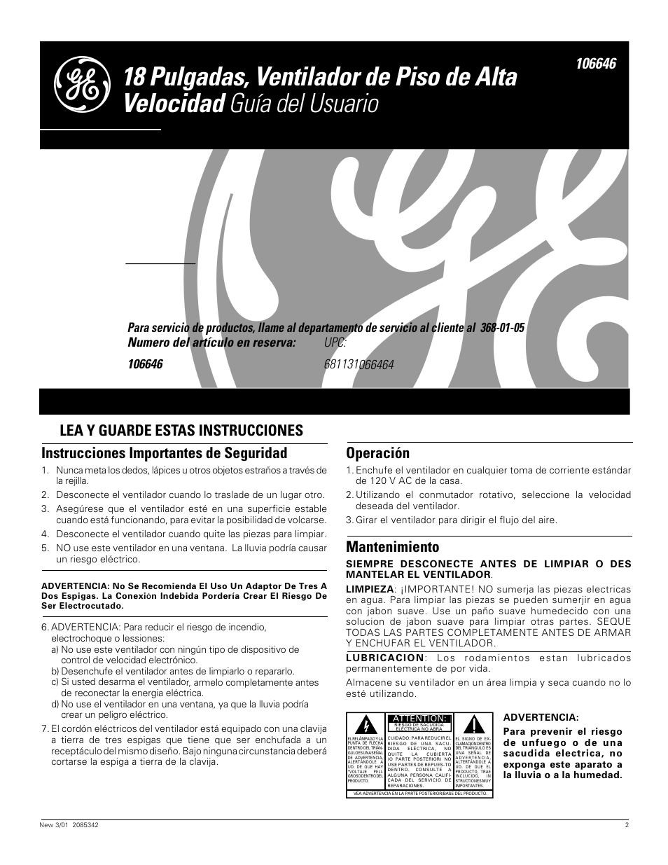 Spanish version, Instrucciones importantes de seguridad, Operación | Mantenimiento | GE 106646 User Manual | Page 2 / 2