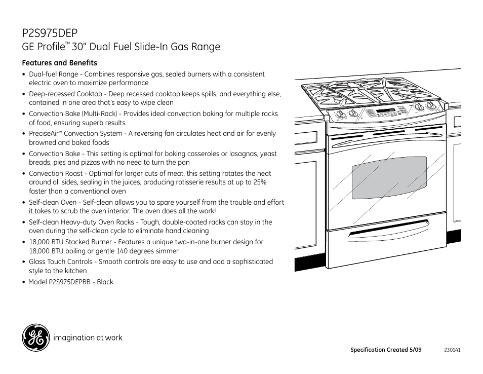 P2s975dep, Ge profile, 30" dual fuel slide-in gas range | GE Profile P2S975DEP User Manual | Page 2 / 2