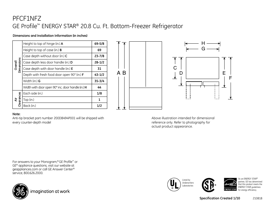 GE ENERGY STAR PFCF1NFZWW User Manual | 2 pages
