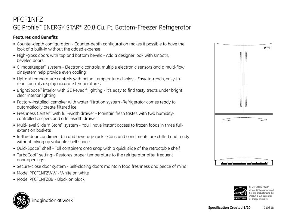 Pfcf1nfz, Ge profile, Energy star | 8 cu. ft. bottom-freezer refrigerator | GE ENERGY STAR PFCF1NFZWW User Manual | Page 2 / 2