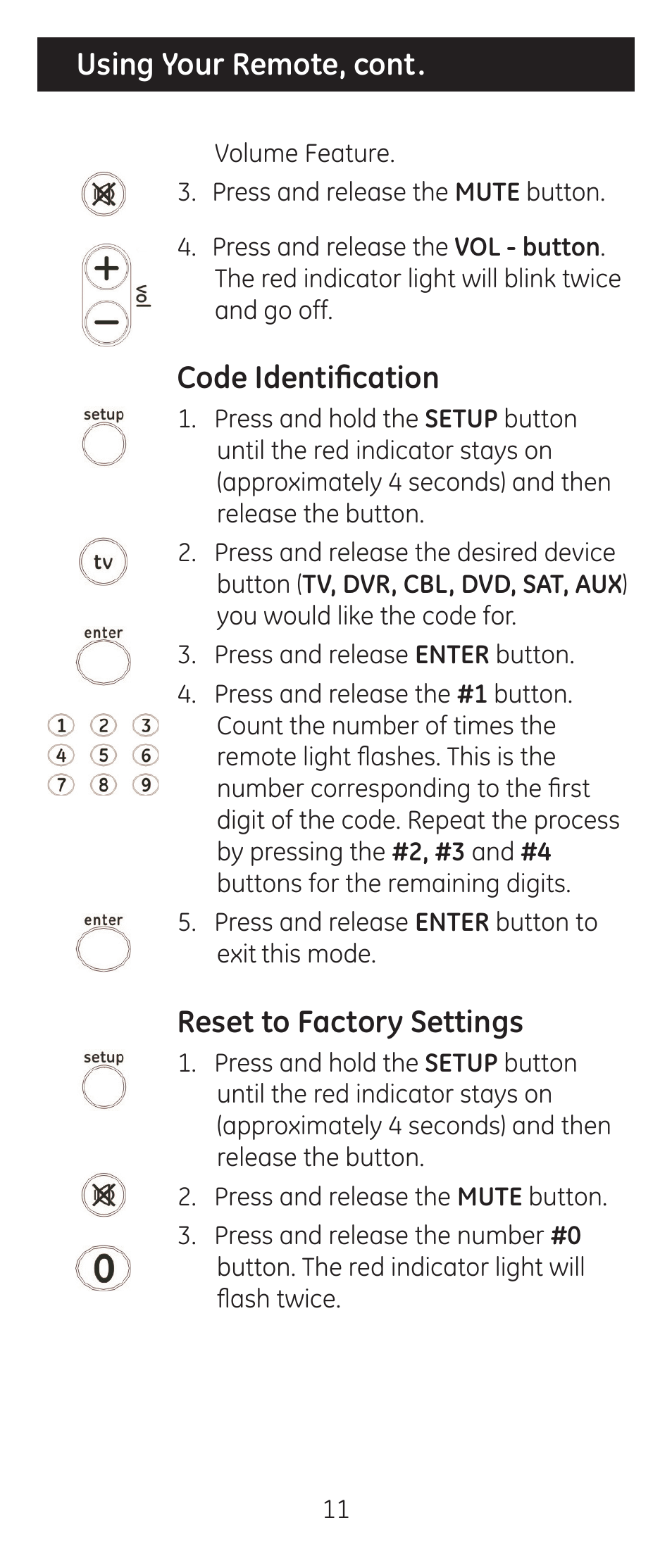 Using your remote, cont, Code identification, Reset to factory settings | GE 24922 User Manual | Page 11 / 42