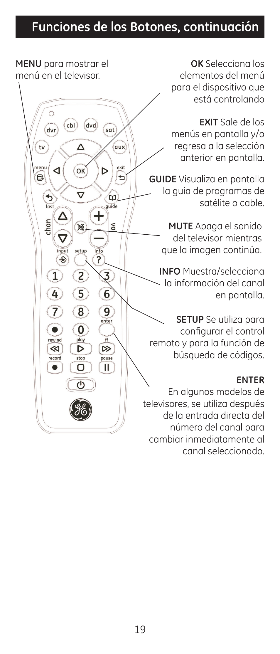 Funciones de los botones, continuación | GE 24922 User Manual | Page 19 / 42