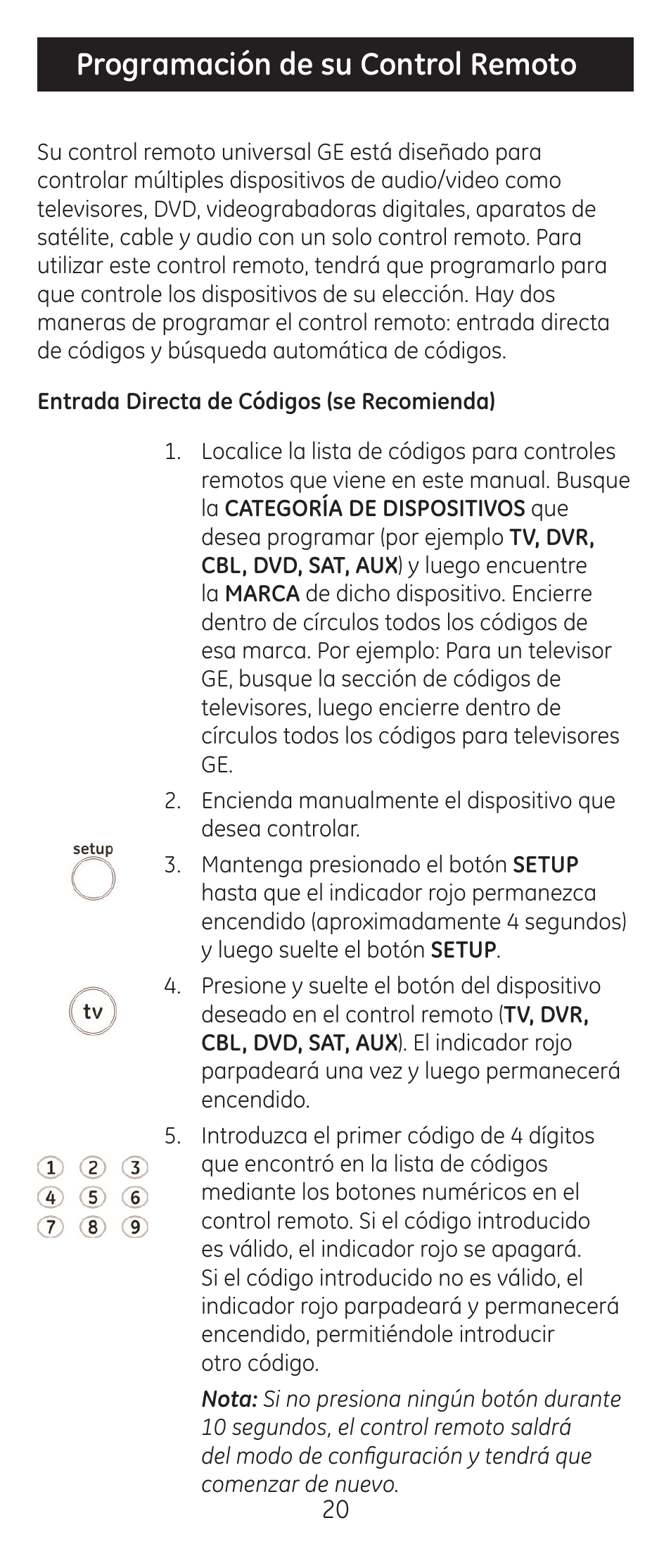 Programación de su control remoto | GE 24922 User Manual | Page 20 / 42