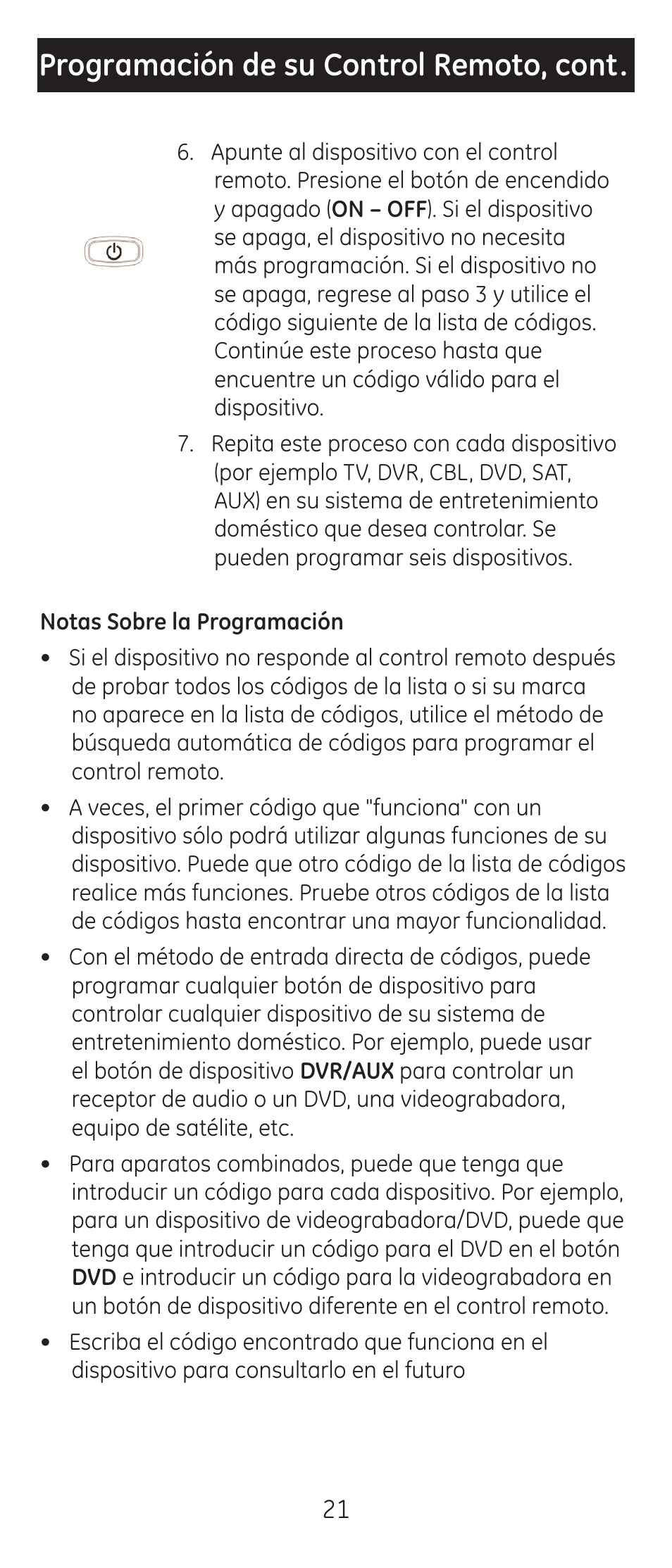Programación de su control remoto, cont | GE 24922 User Manual | Page 21 / 42
