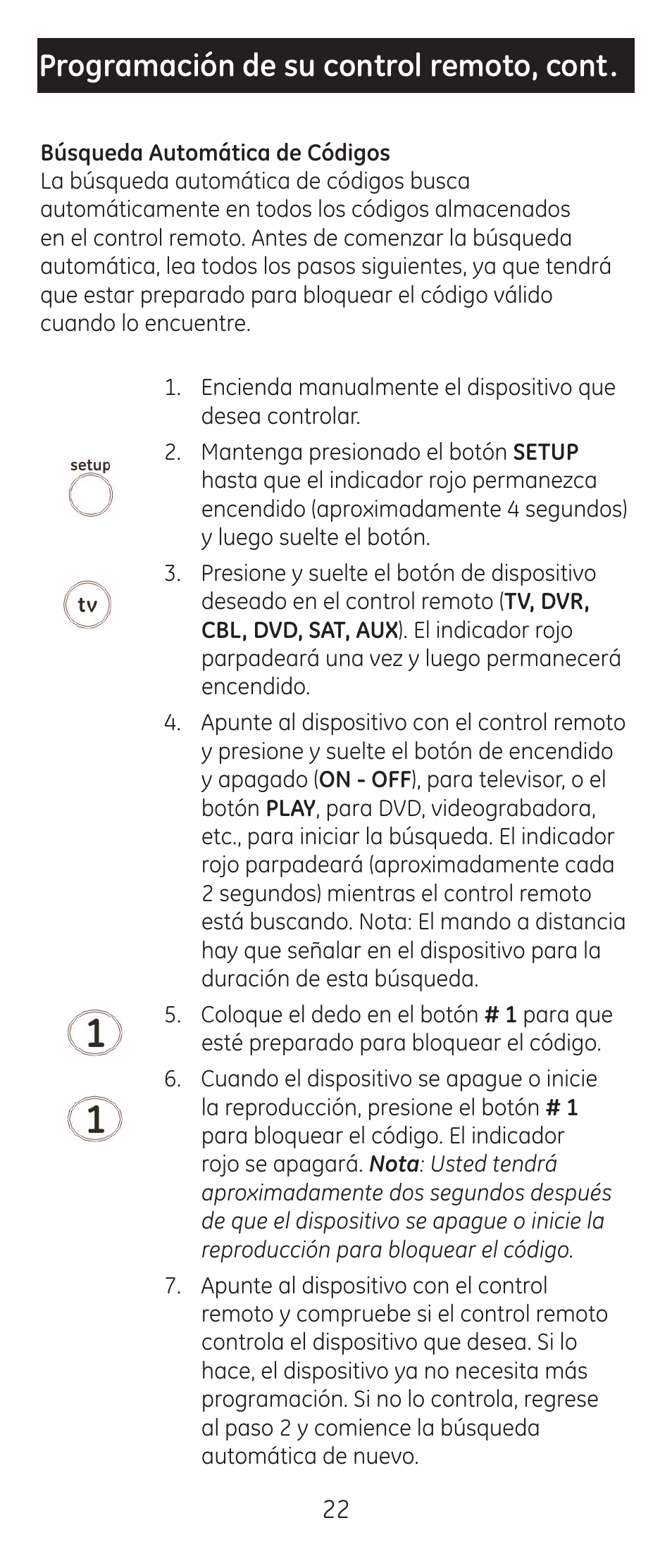 Programación de su control remoto, cont | GE 24922 User Manual | Page 22 / 42