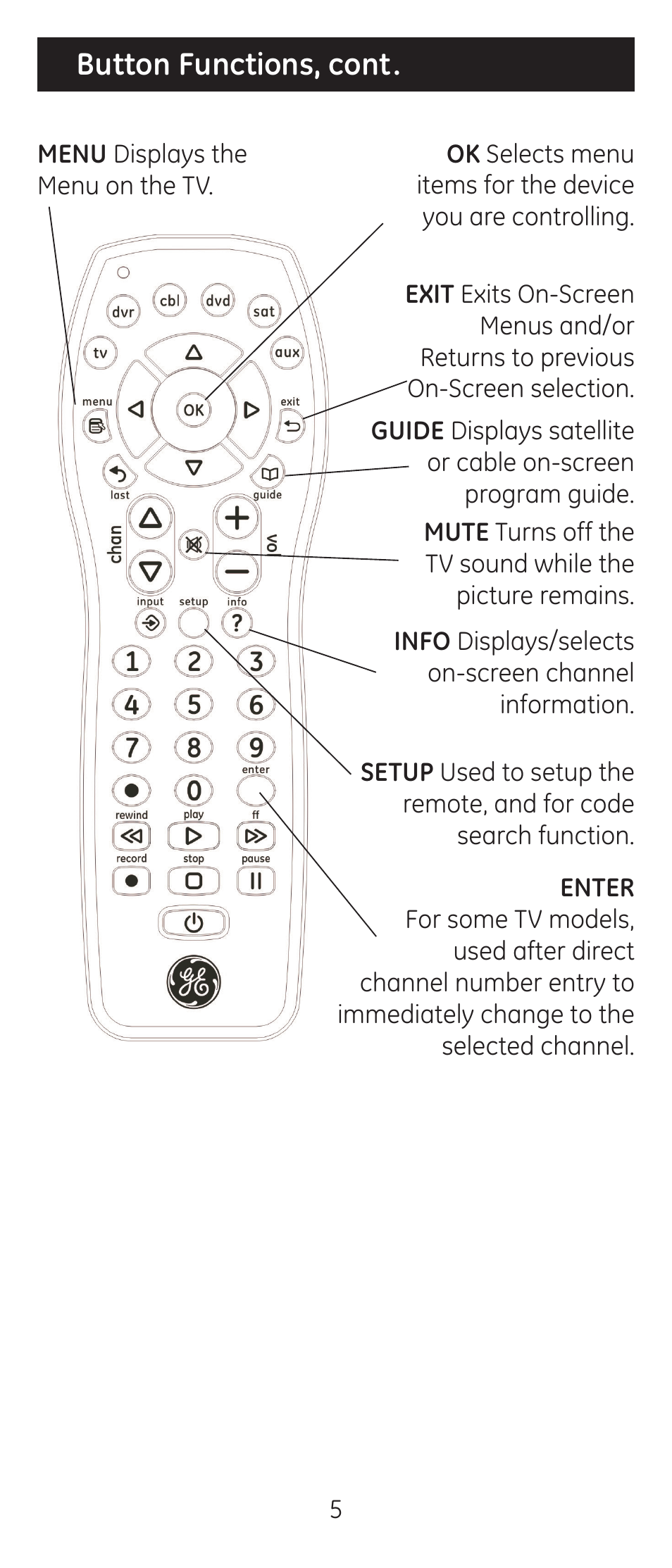 Button functions, cont | GE 24922 User Manual | Page 5 / 42
