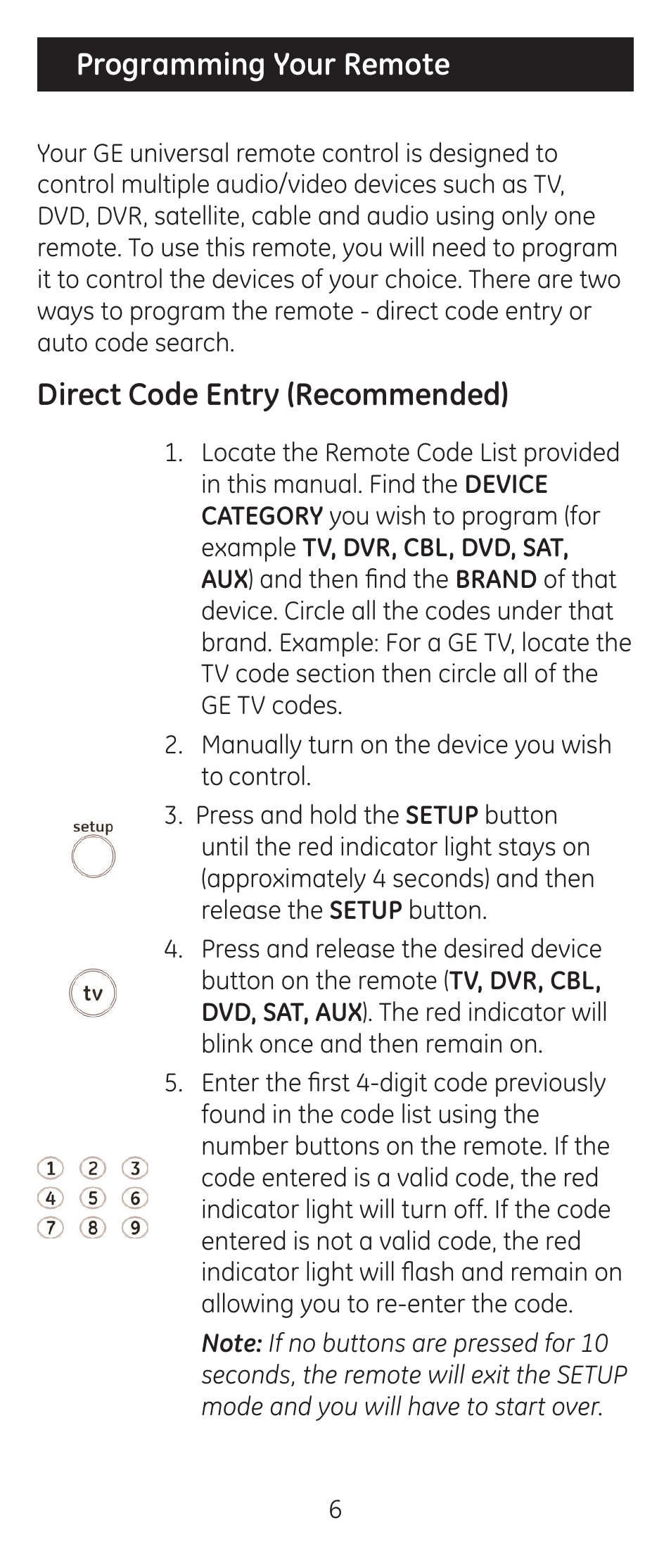 Programming your remote, Direct code entry (recommended) | GE 24922 User Manual | Page 6 / 42