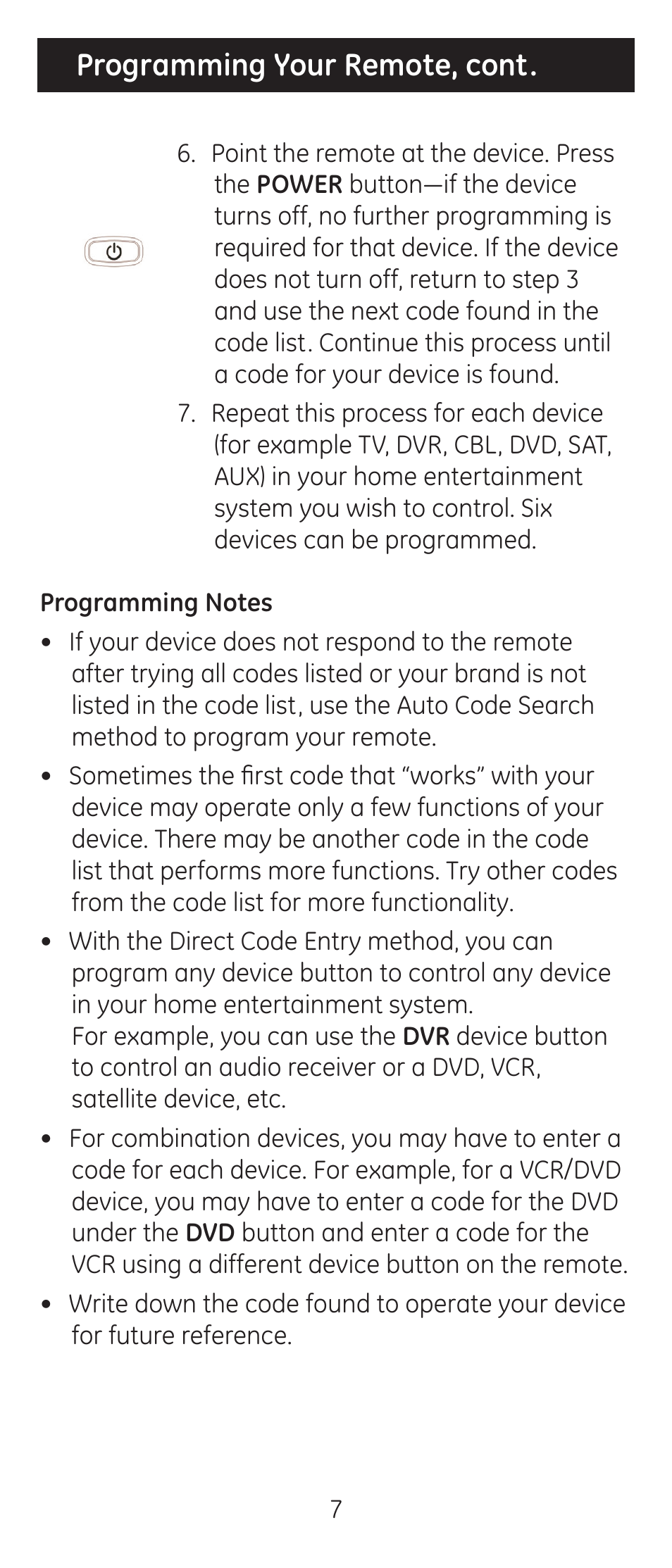 Programming your remote, cont | GE 24922 User Manual | Page 7 / 42