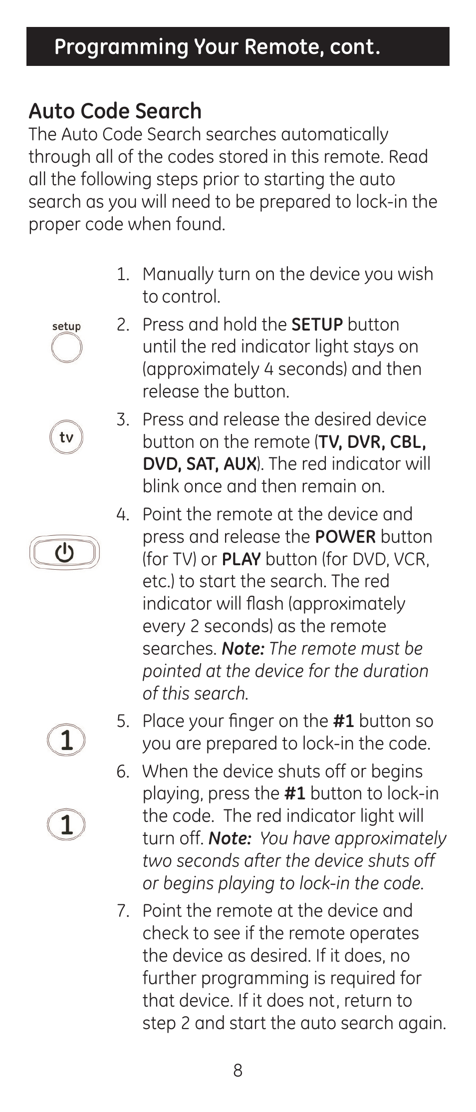 Programming your remote, cont. auto code search | GE 24922 User Manual | Page 8 / 42