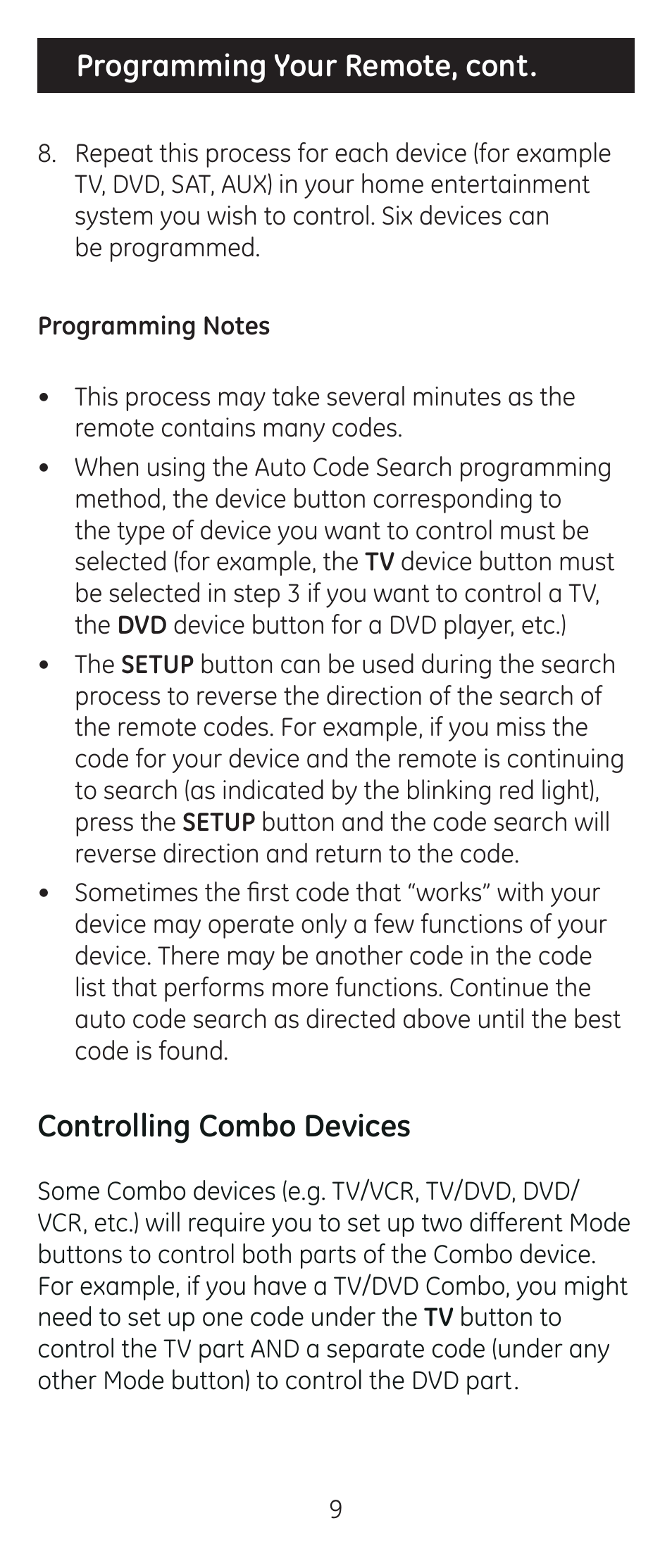 Programming your remote, cont, Controlling combo devices | GE 24922 User Manual | Page 9 / 42