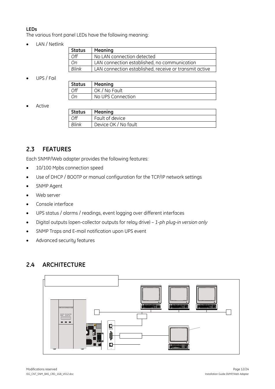 3 features, 4 architecture, Features | Architecture | GE Industrial Solutions Digital Energy SNMP_WEB ADAPTER User Manual | Page 12 / 24