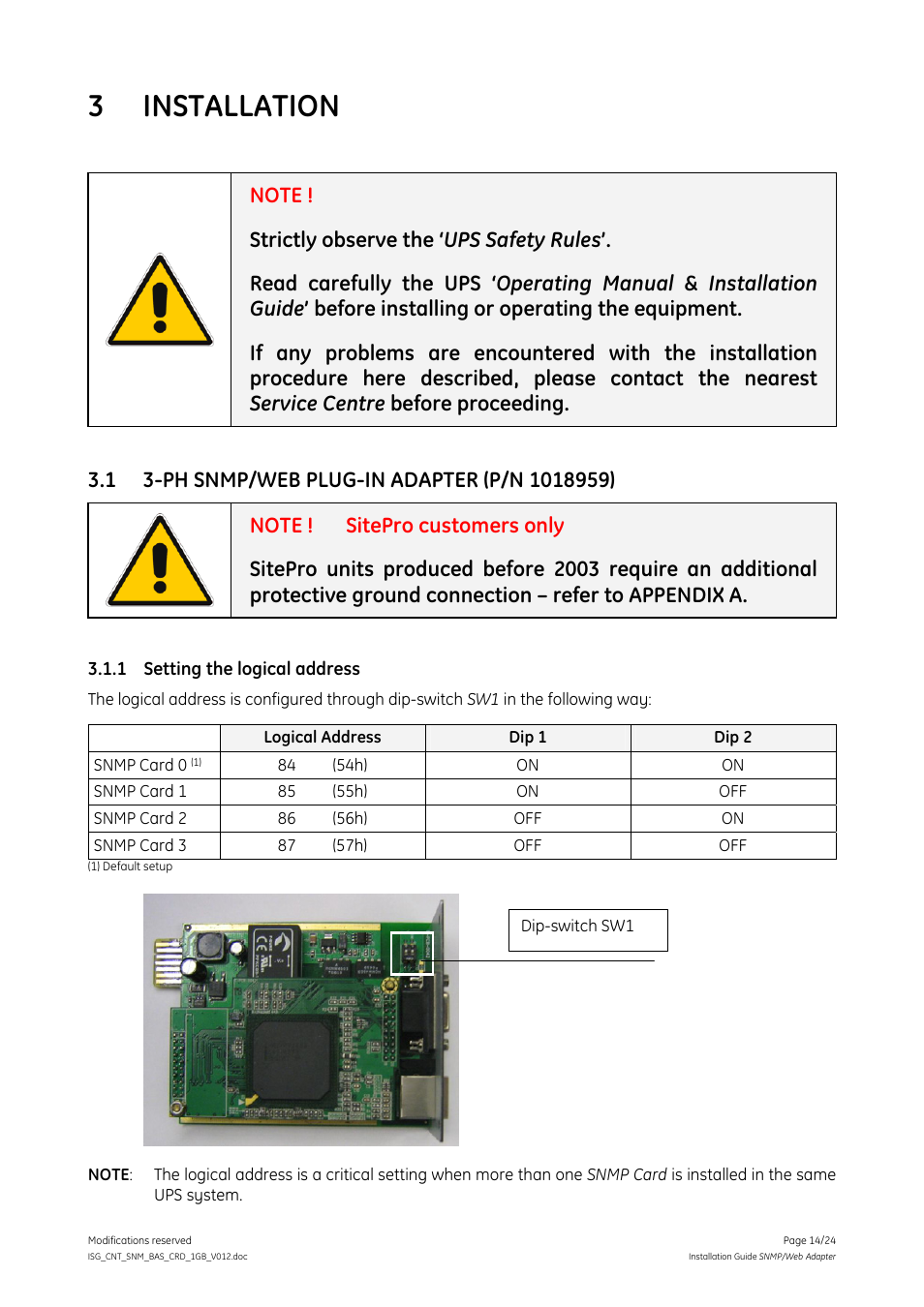 3 installation, 1 3-ph snmp/web plug-in adapter (p/n 1018959), 1 setting the logical address | Installation, Ph snmp/web plug-in adapter (p/n 1018959), Setting the logical address | GE Industrial Solutions Digital Energy SNMP_WEB ADAPTER User Manual | Page 14 / 24