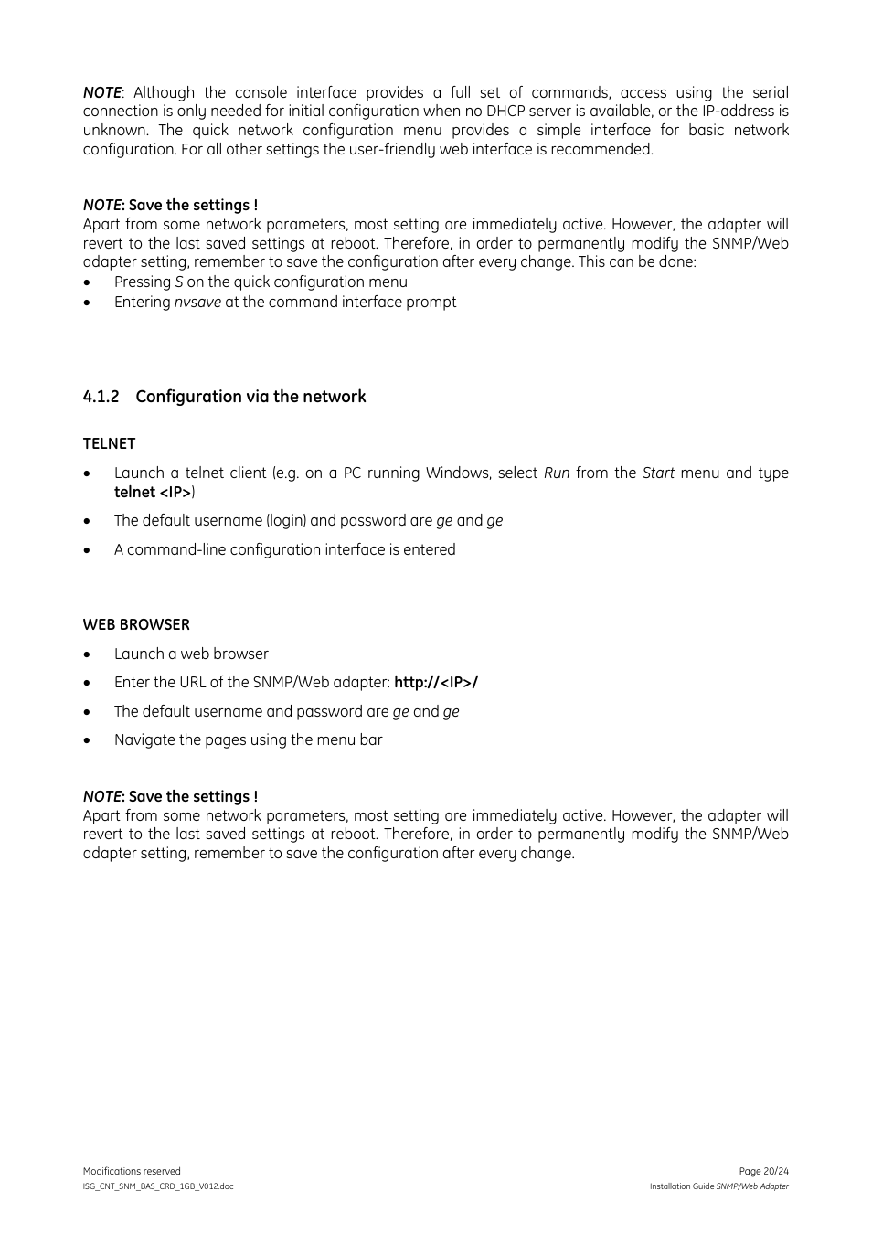 2 configuration via the network, Configuration via the network | GE Industrial Solutions Digital Energy SNMP_WEB ADAPTER User Manual | Page 20 / 24