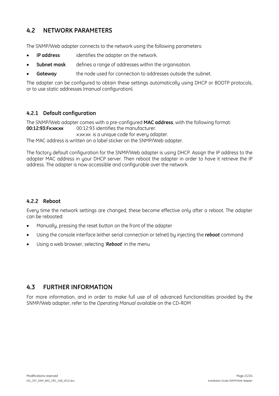 2 network parameters, 1 default configuration, 2 reboot | 3 further information, Network parameters, Further information | GE Industrial Solutions Digital Energy SNMP_WEB ADAPTER User Manual | Page 21 / 24