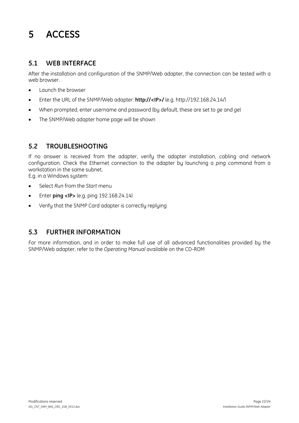 5 access, 1 web interface, 2 troubleshooting | 3 further information, Access, Web interface, Troubleshooting, Further information | GE Industrial Solutions Digital Energy SNMP_WEB ADAPTER User Manual | Page 22 / 24