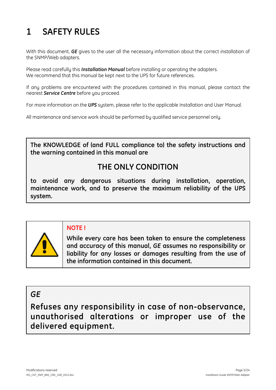 1 safety rules, Safety rules, The only condition | GE Industrial Solutions Digital Energy SNMP_WEB ADAPTER User Manual | Page 5 / 24