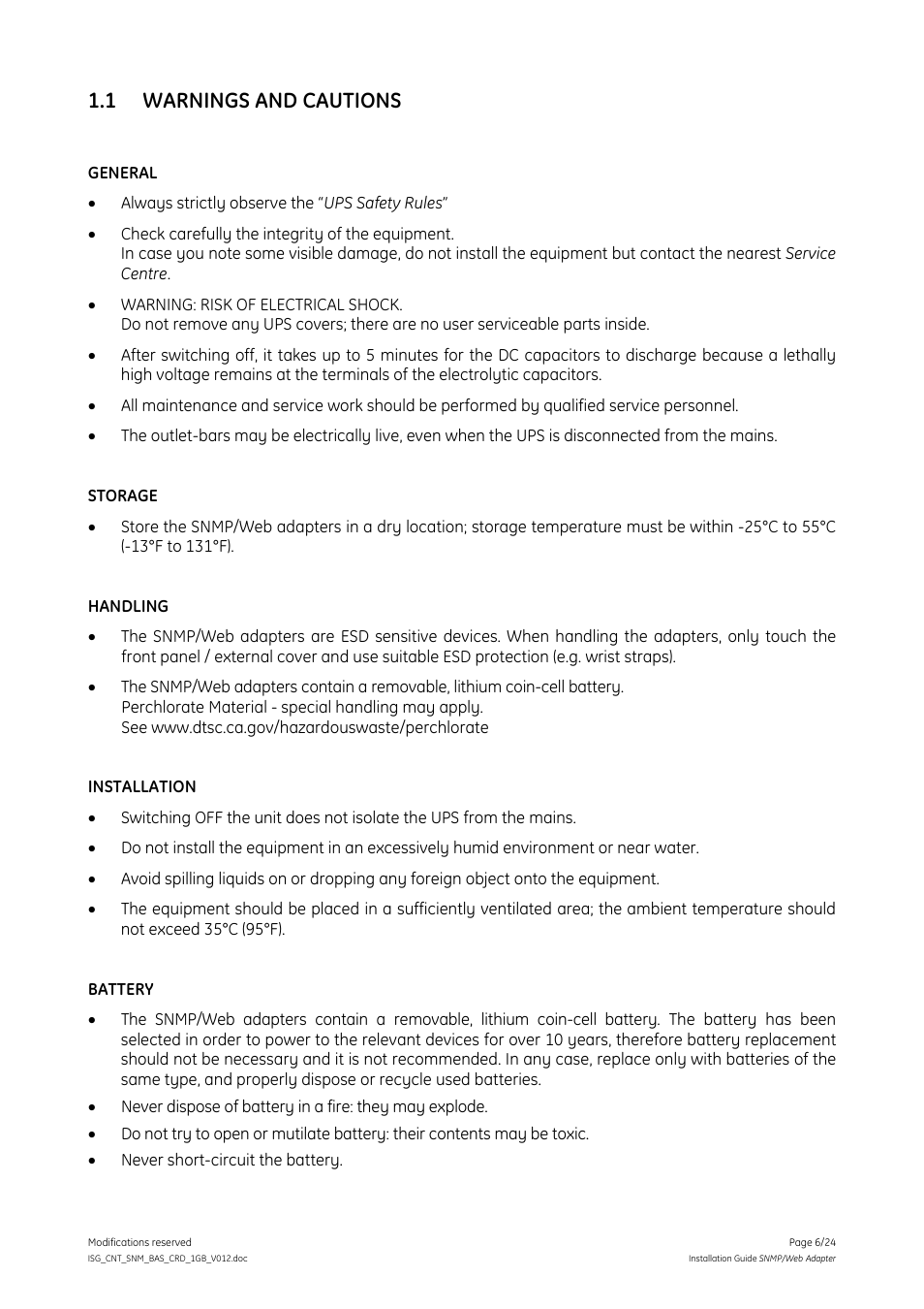 1 warnings and cautions, Warnings and cautions | GE Industrial Solutions Digital Energy SNMP_WEB ADAPTER User Manual | Page 6 / 24