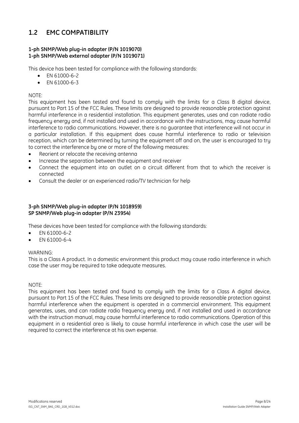 2 emc compatibility, Emc compatibility | GE Industrial Solutions Digital Energy SNMP_WEB ADAPTER User Manual | Page 8 / 24