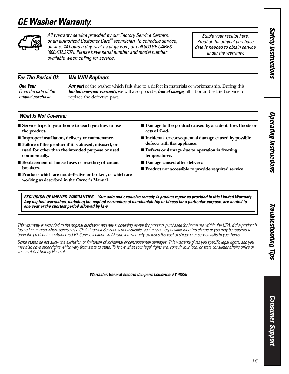 Warranty, Ge washer warranty | GE S2000 User Manual | Page 15 / 16