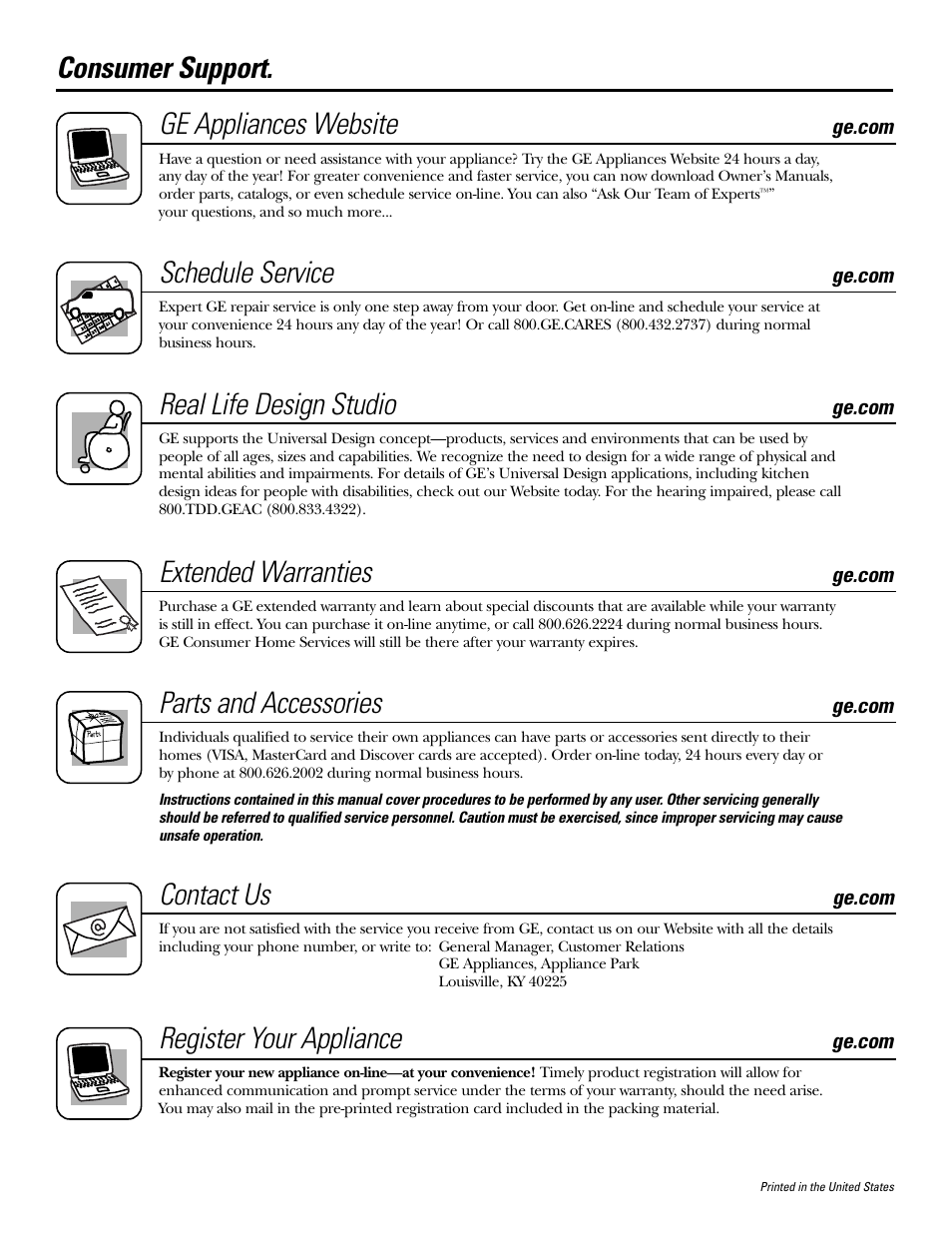 Consumer support, Consumer support . . . . back cover, Ge appliances website | Schedule service, Real life design studio, Extended warranties, Parts and accessories, Contact us, Register your appliance | GE S2000 User Manual | Page 16 / 16