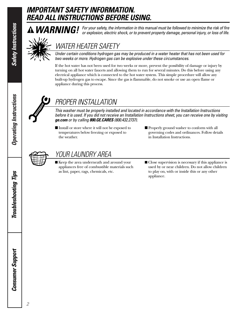 Safety information, Warning, Water heater safety | Proper installation, Your laundry area | GE S2000 User Manual | Page 2 / 16