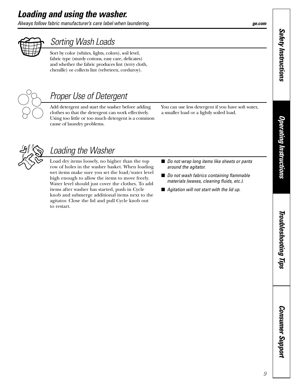 Loading and using the washer, Loading and using the washer , 10, Sorting wash loads proper use of detergent | Loading the washer | GE S2000 User Manual | Page 9 / 16