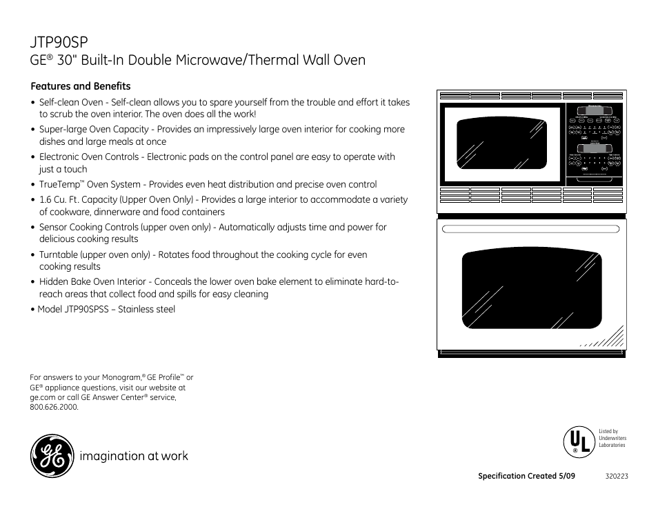 Jtp90sp, 30" built-in double microwave/thermal wall oven, Jtp90sm | GE JTP90SP User Manual | Page 2 / 2