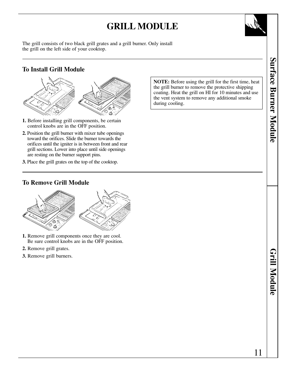 11 grill module, Surface burner module grill module | GE JGP389 User Manual | Page 11 / 64