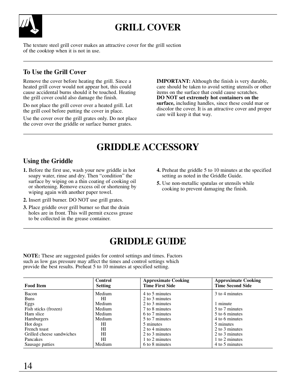 14 grill cover, Griddle accessory, Griddle guide | Using the griddle | GE JGP389 User Manual | Page 14 / 64