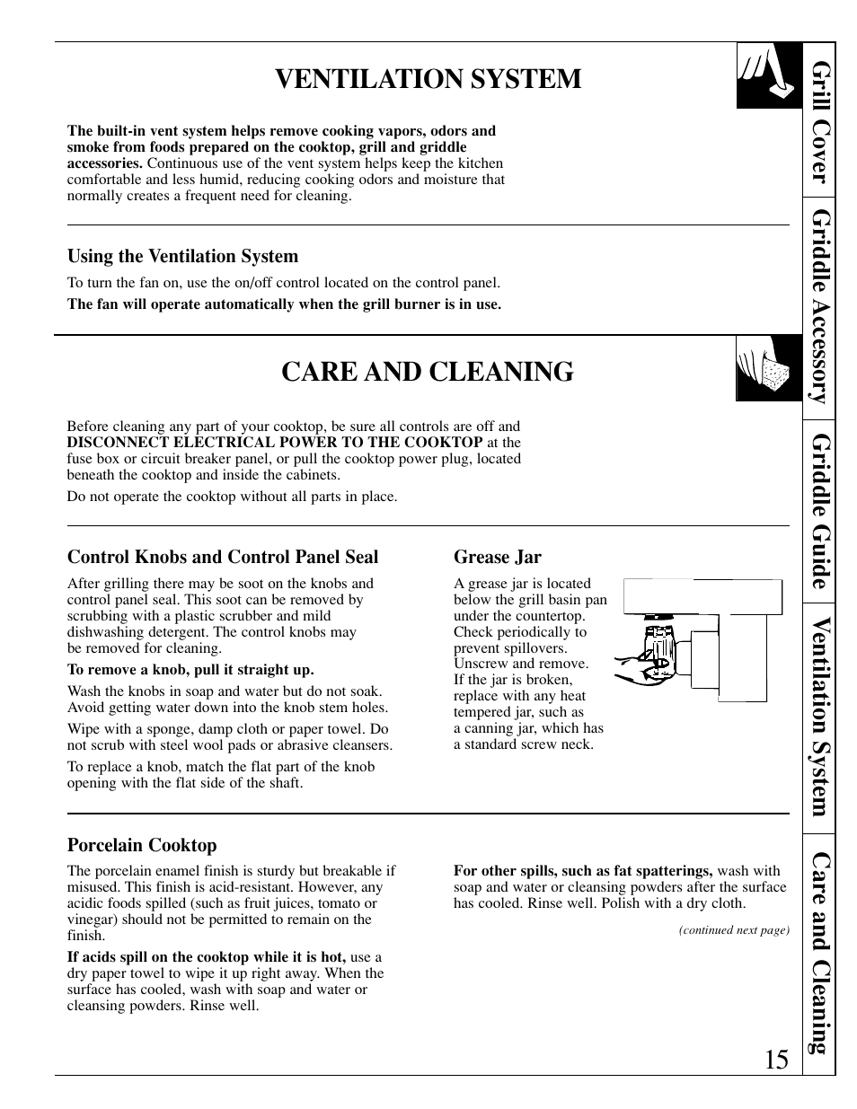 Ventilation system, Care and cleaning, Control knobs and control panel seal | Grease jar, Porcelain cooktop | GE JGP389 User Manual | Page 15 / 64