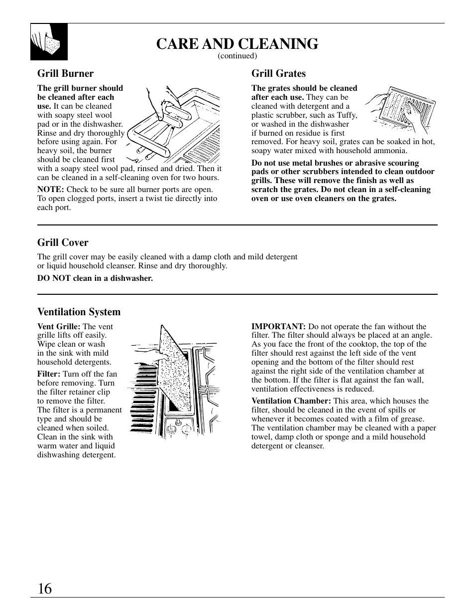 Grill burner, Grill cover, Grill grates | Ventilation system, 16 care and cleaning | GE JGP389 User Manual | Page 16 / 64