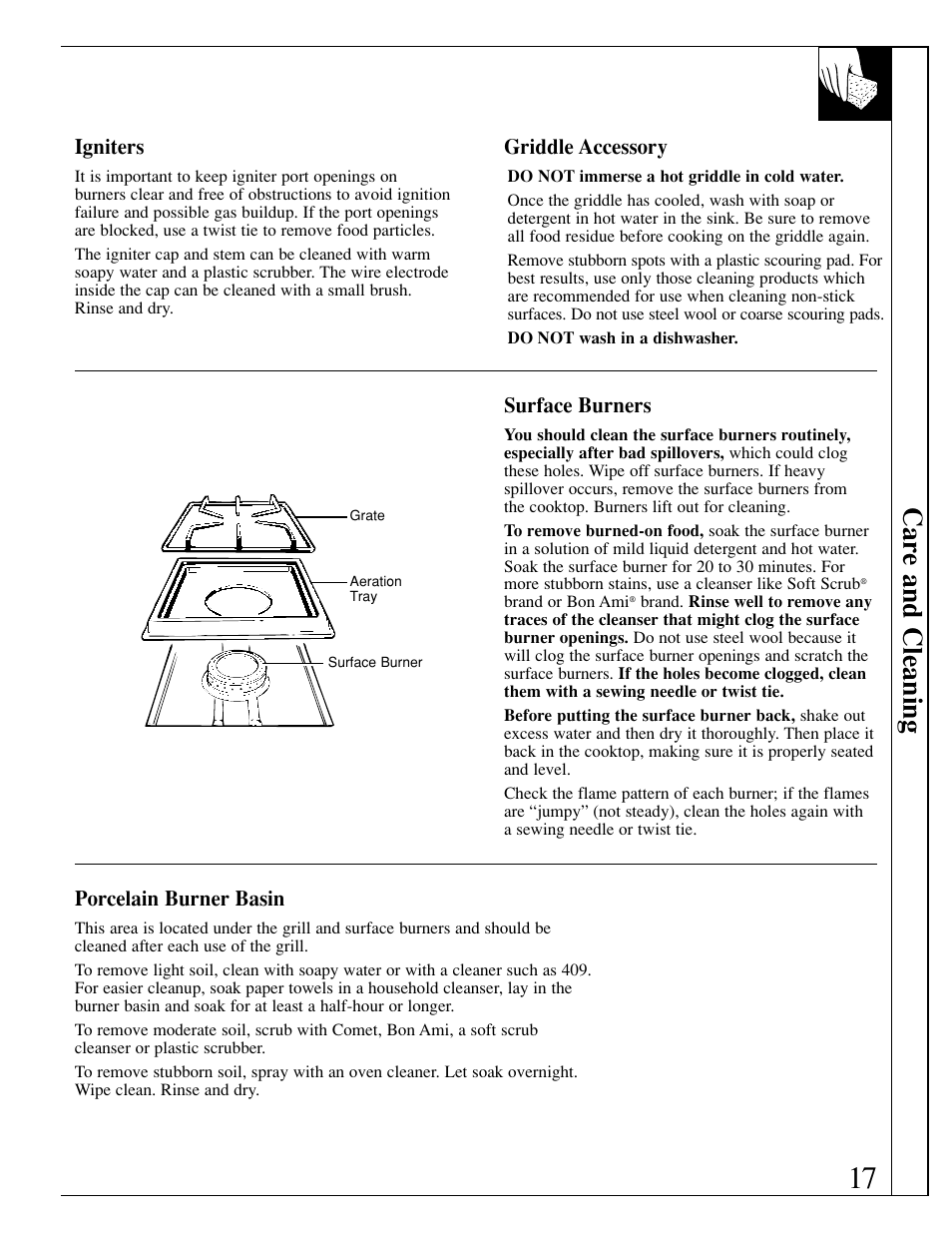 Griddle accessory, Igniters, Porcelain burner basin | Surface burners, Car e and cleaning | GE JGP389 User Manual | Page 17 / 64