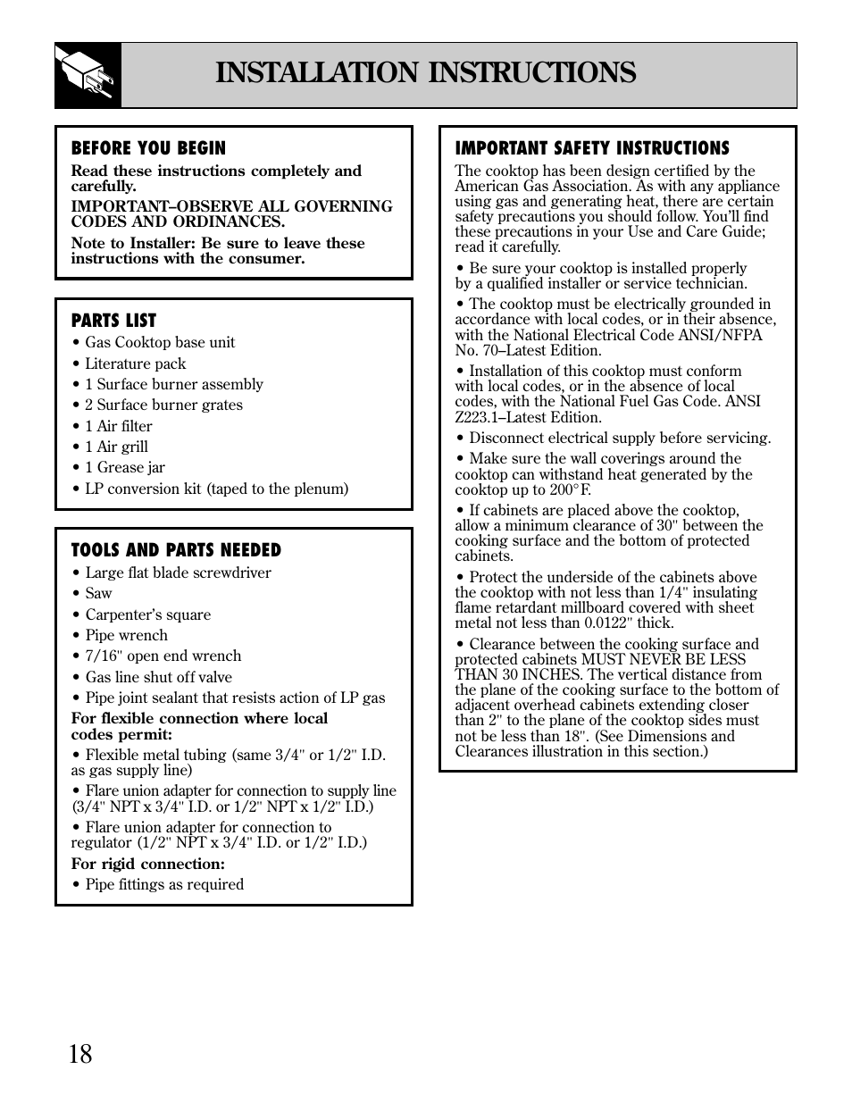 Installation instructions | GE JGP389 User Manual | Page 18 / 64