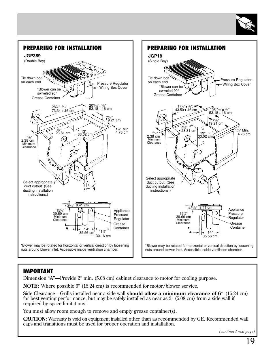 Preparing for installation important, Preparing for installation, Jgp389 | Jgp18 | GE JGP389 User Manual | Page 19 / 64