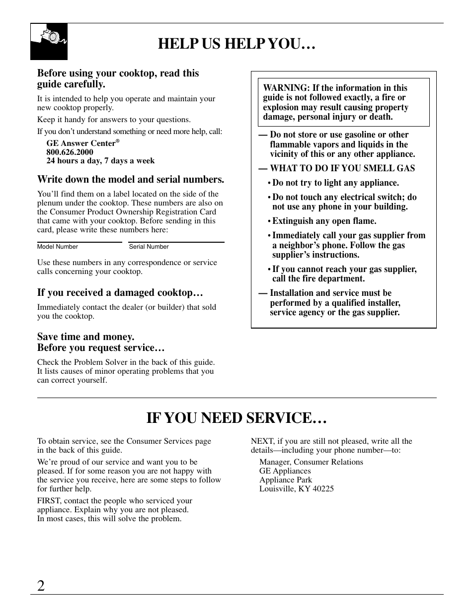 Safety instructions, Appliance registration, Model and serial numbers | 2help us help you, If you need service | GE JGP389 User Manual | Page 2 / 64