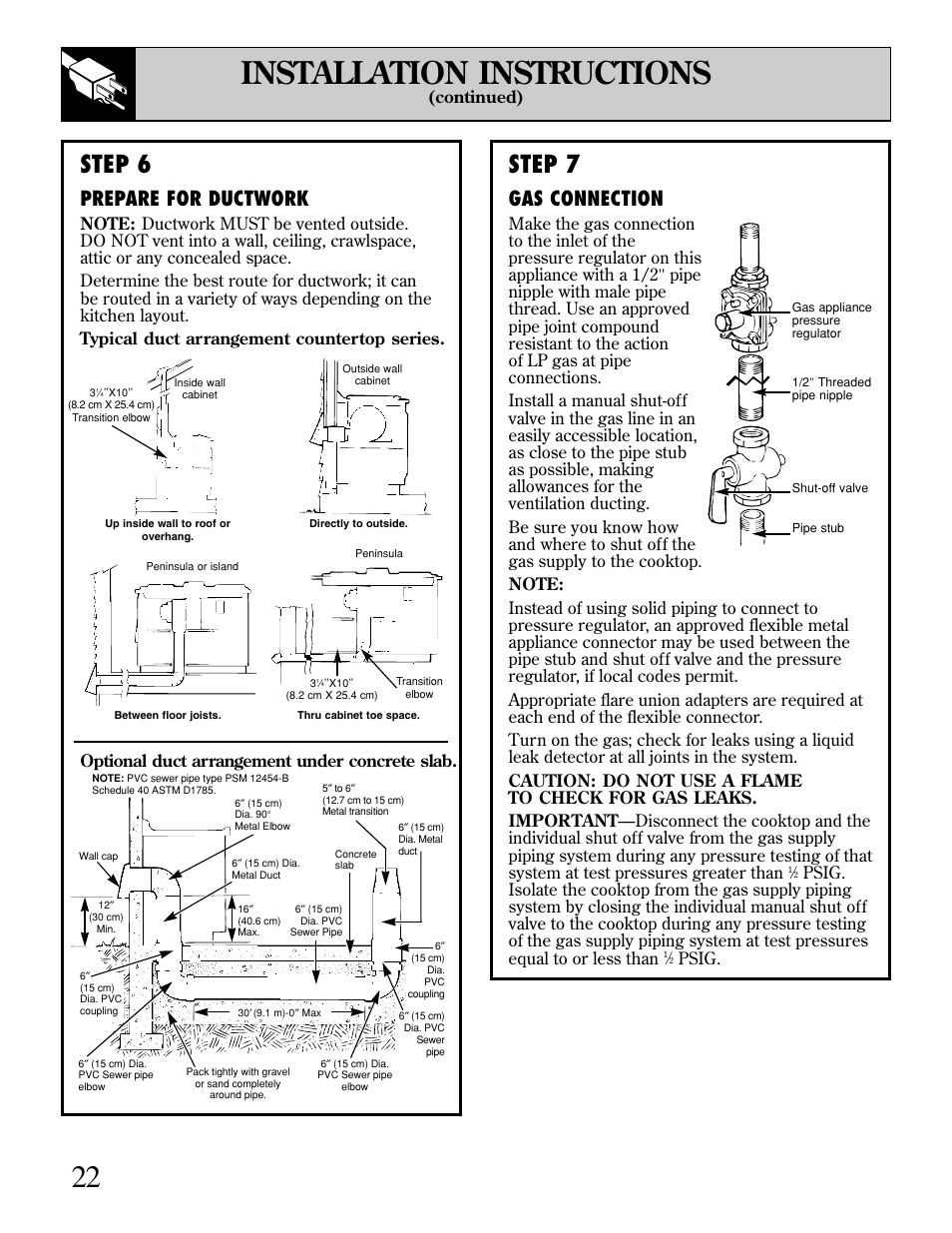 Installation instructions, Step 7, Step 6 | Gas connection, Prepare for ductwork, Continued), Psig | GE JGP389 User Manual | Page 22 / 64