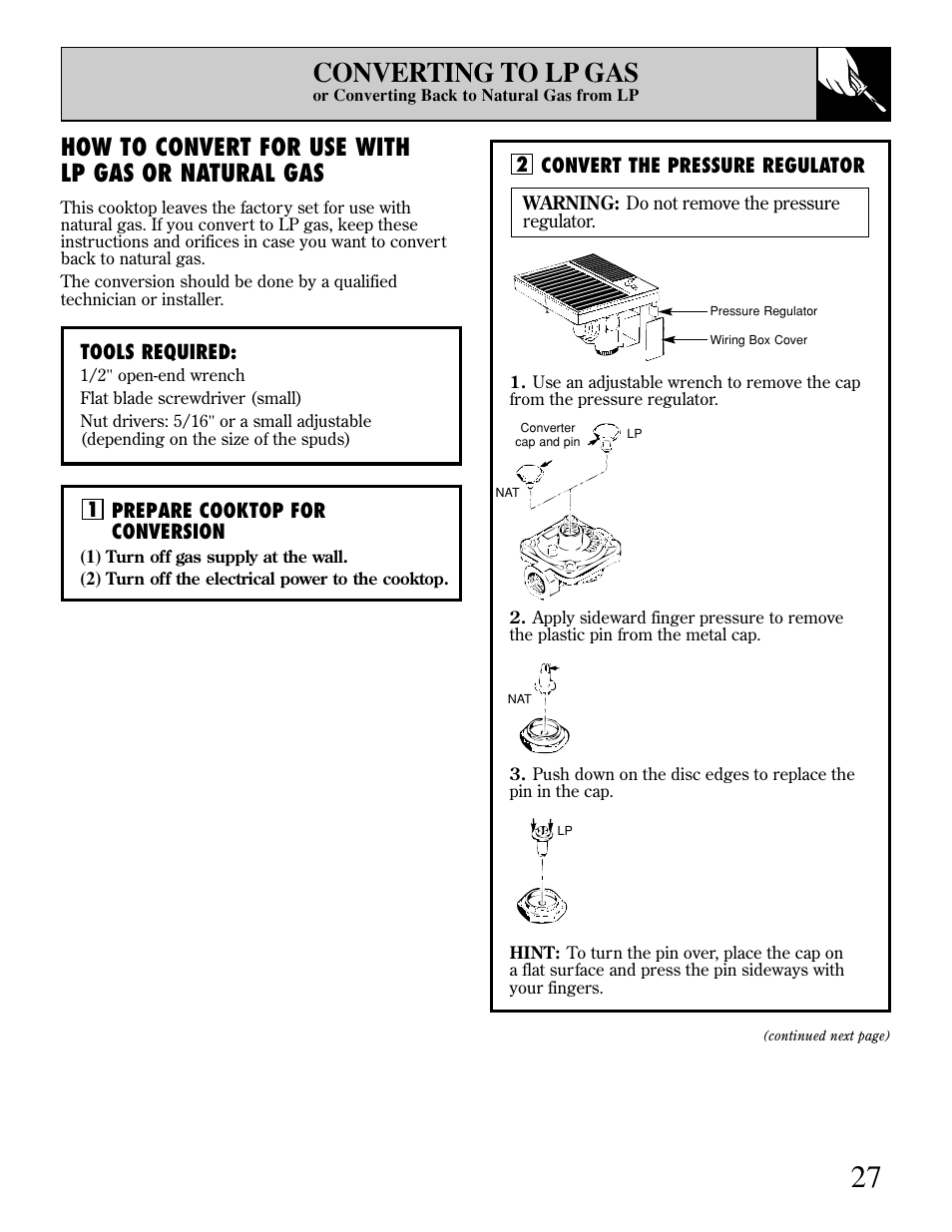 Converting to lp gas, How to convert for use with lp gas or natural gas | GE JGP389 User Manual | Page 27 / 64