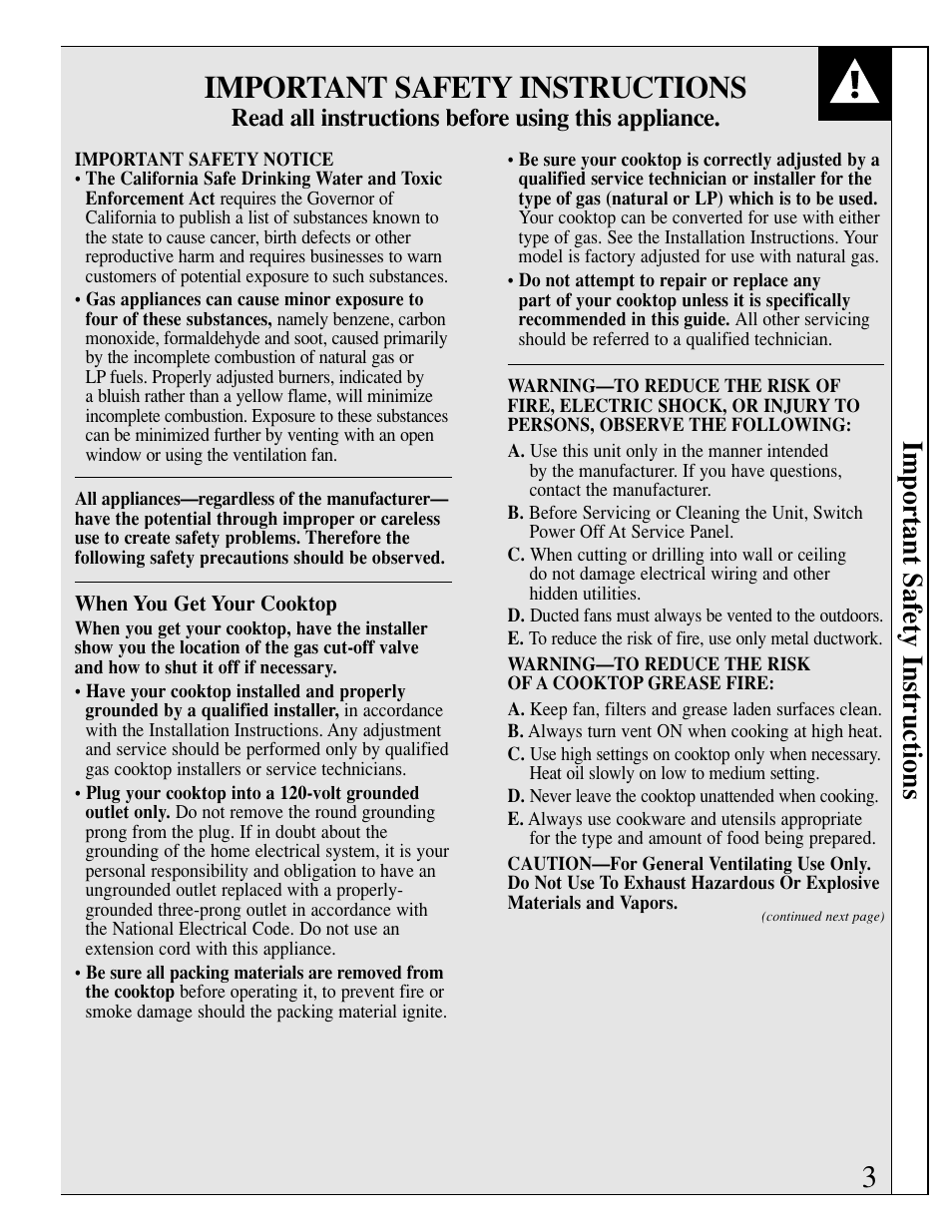 Important safety instructions, Read all instructions before using this appliance | GE JGP389 User Manual | Page 3 / 64