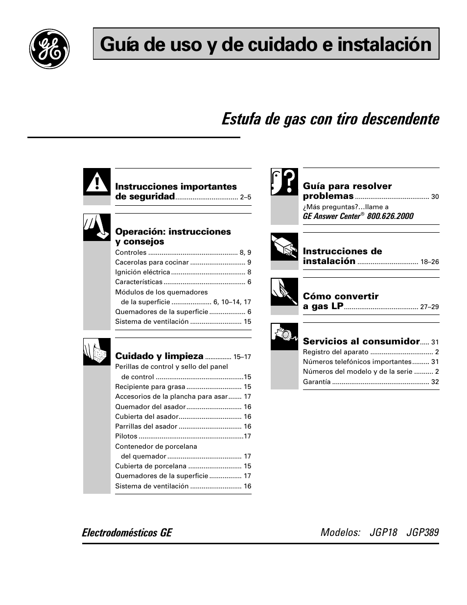 Spanish table of contents, Operación: instrucciones y consejos, Guía de uso y de cuidado e instalación | Estufa de gas con tiro descendente, Electrodomésticos ge | GE JGP389 User Manual | Page 33 / 64