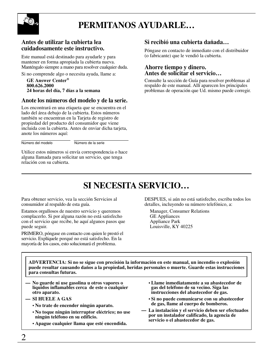 Instrucciones importantes de seguridad, Registro del aparato, Números del modelo y de la serie | 2permitanos ayudarle, Si necesita servicio | GE JGP389 User Manual | Page 34 / 64