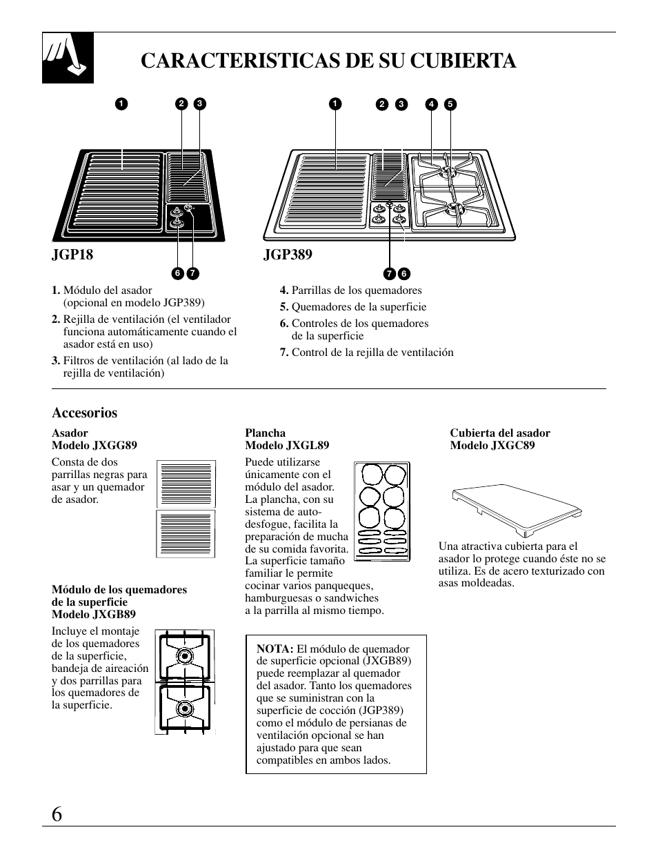 Características, Módulos de los quemadores de la superficie, Quemadores de la superficie | Módulos de los quemadores, De la superficie , 10–14, 17, 6caracteristicas de su cubierta, Accesorios | GE JGP389 User Manual | Page 38 / 64